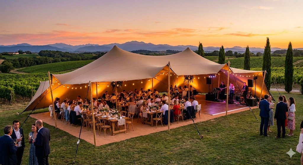 Tentes de réception à louer ou à vendre à Toulouse et en Occitanie : stretch, chapiteaux, barnums. Pour mariage, événement ou pro. Devis rapide & service expert.